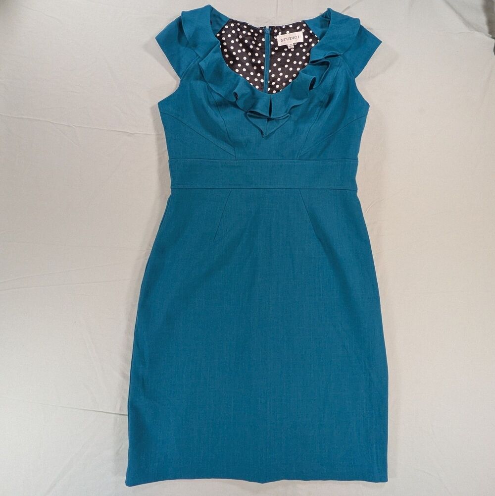Studio I Women’s Green Lined Ruffle V-Neck Sheath Dress 10